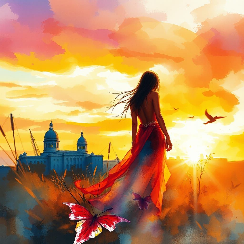 Sunset Figure in Watercolor Style