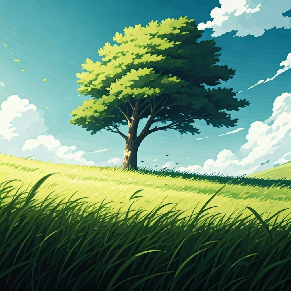 Wind Swept Field: Anime Style Tree Illustration