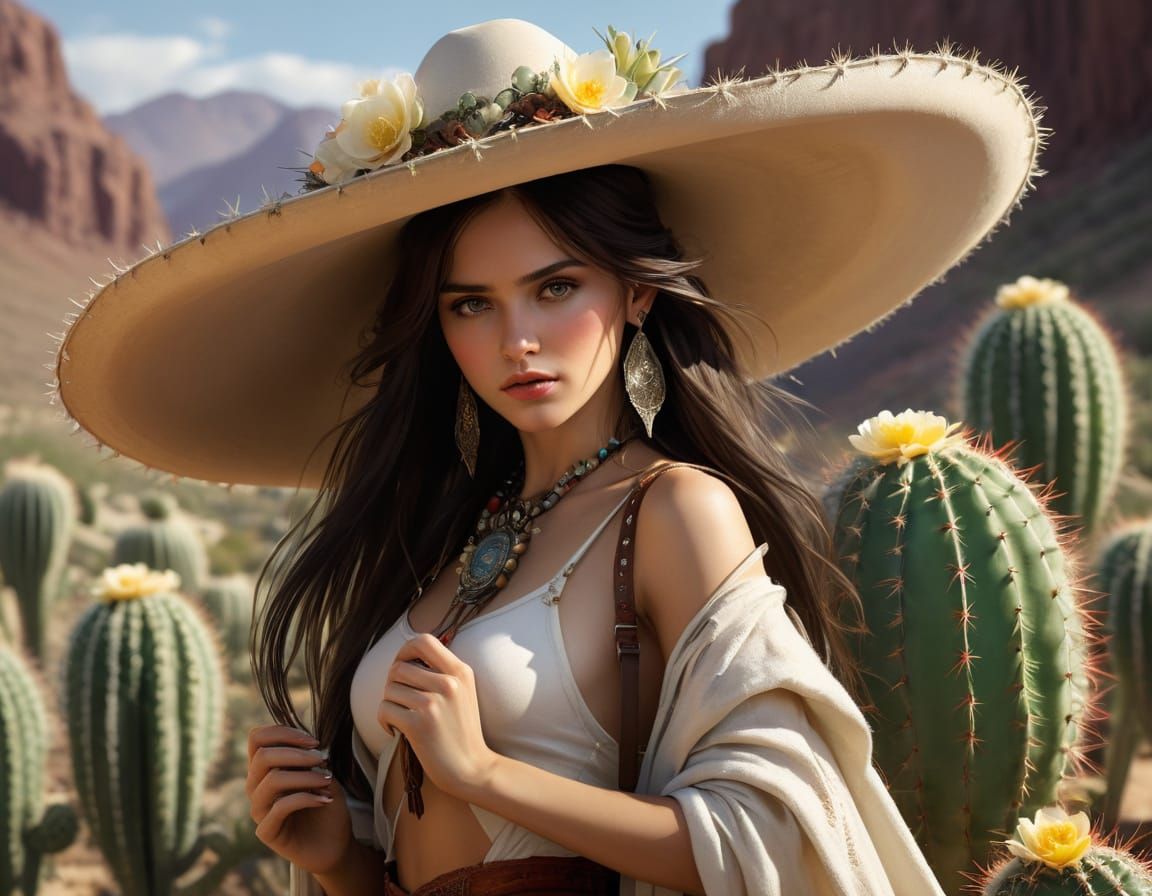 Spanish Elf Woman Picking Cactus Flowers