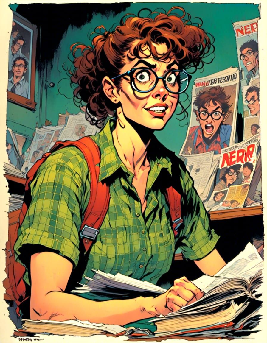 1990s Comic Book Portrait of a Nerdy Coed