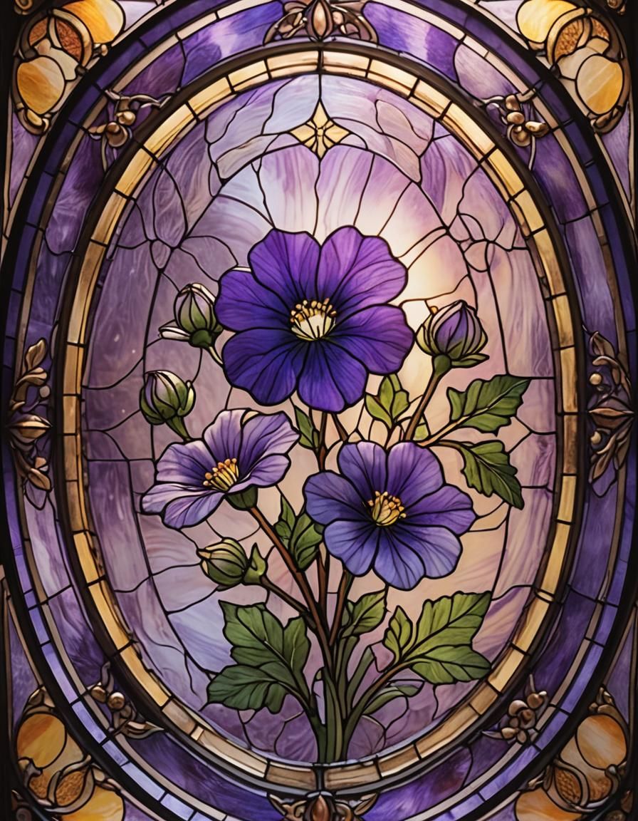 Stained Glass Flower in Oval Frame with Mystical Ambiance