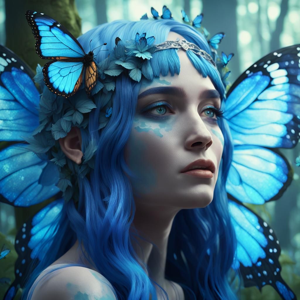Blue-Haired Woman with Butterfly Headpiece in Forest