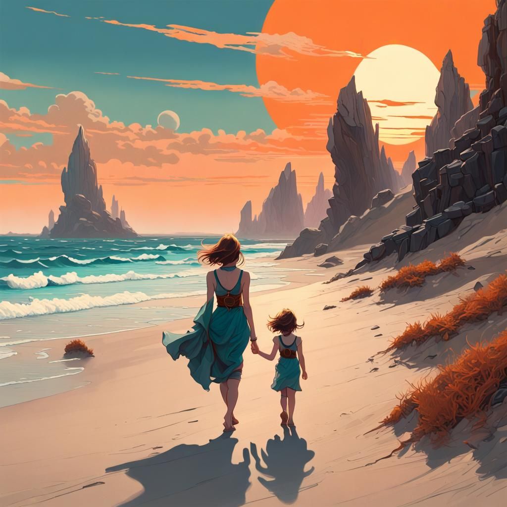 Exoplanetary Beach Sunset: Mother and Daughter in Fantasy Ar...