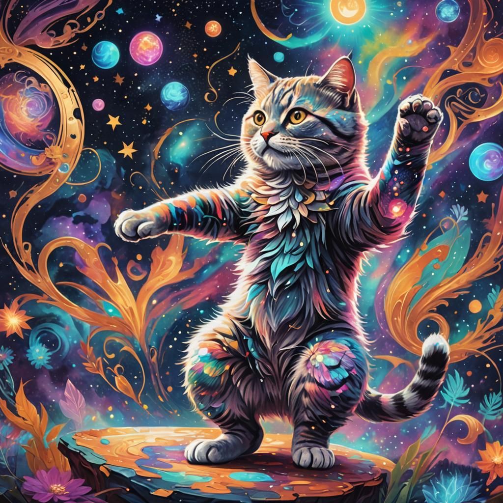 Cosmic Cat Dancing: Holographic Astral Illustration