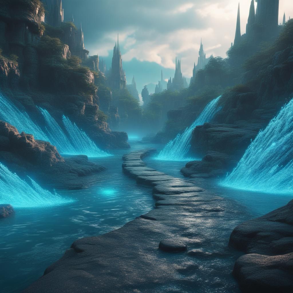 Aqua River Fantasy Landscape in Detailed Matte Painting