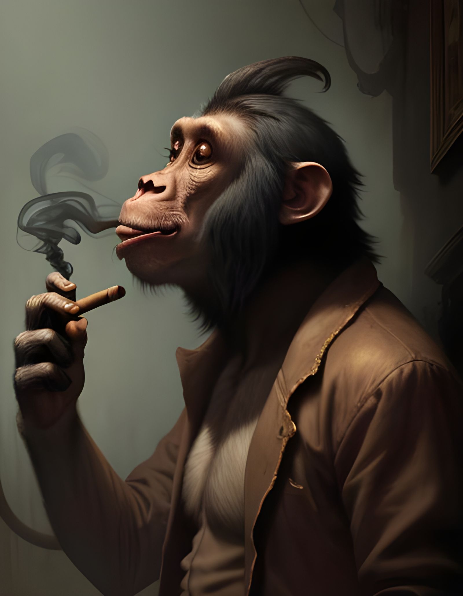 Horrific Monkey Smoking Cigar in Doré-Rutkowski Style