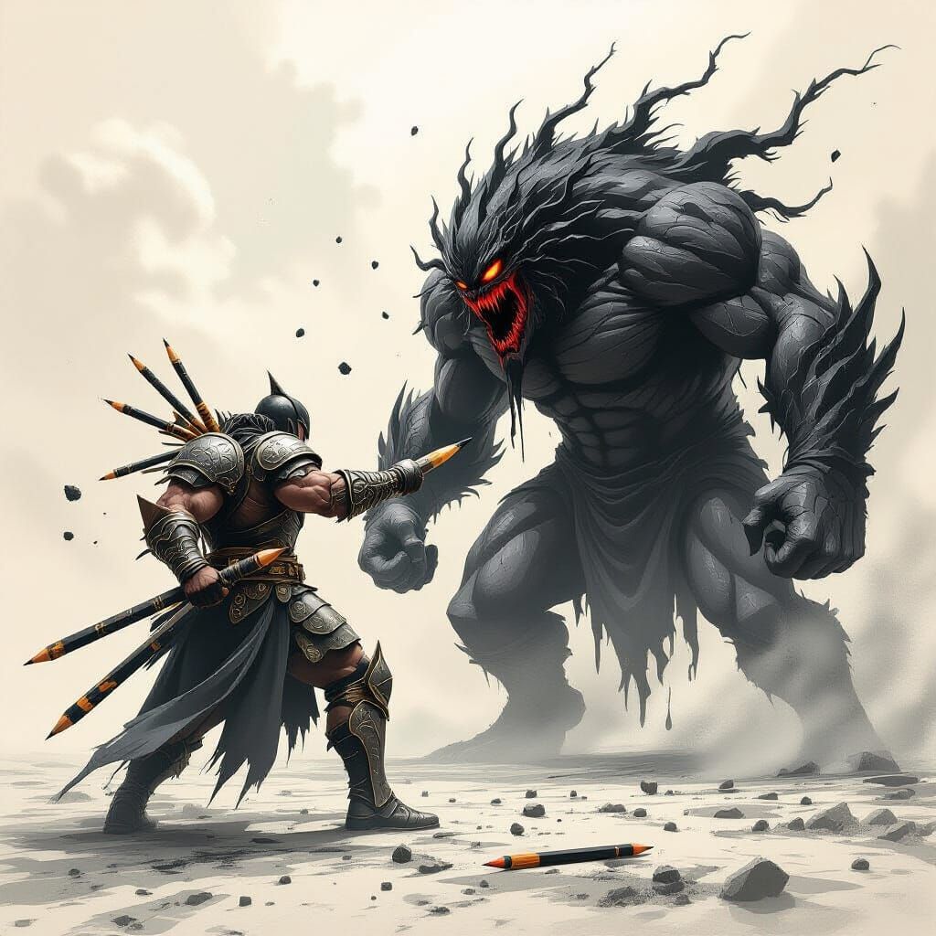 Pencil Warrior Battles Ink Monster in Fantasy Concept Art