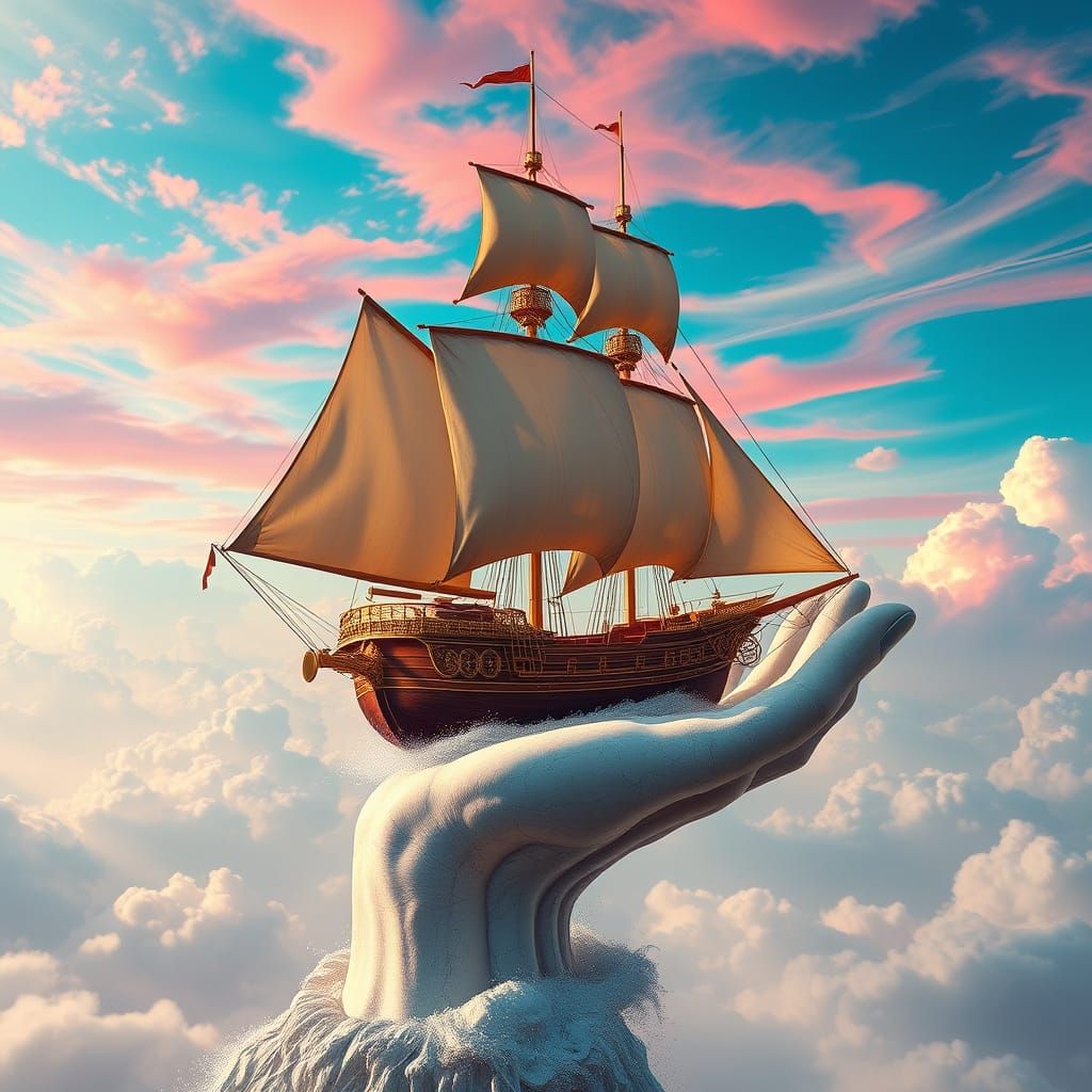 Sailing Vessel Floats in Ethereal Hand, Inspired by Concept ...