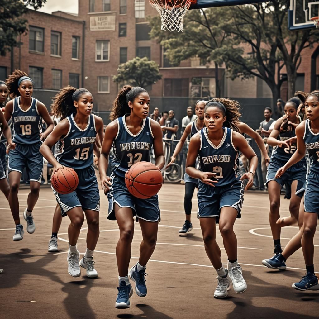 Girls Basketball Game in Hyperrealistic Style