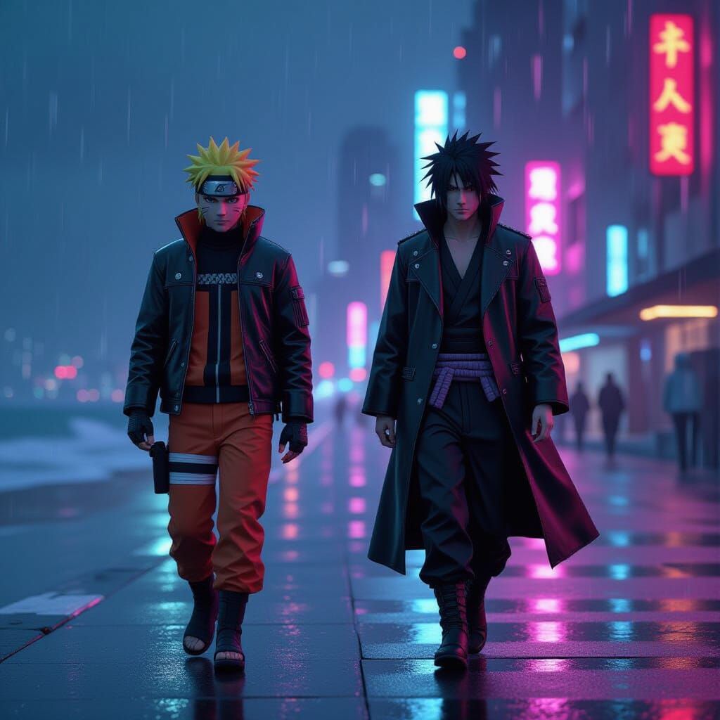Naruto and Sasuke on a Neon Beach in Cyberpunk Style