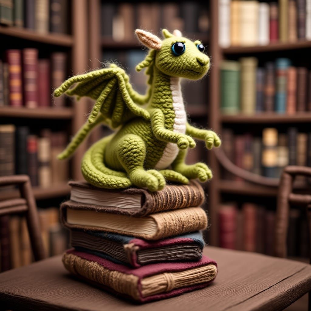 Felted Dragon on Vintage Books in Cozy Library