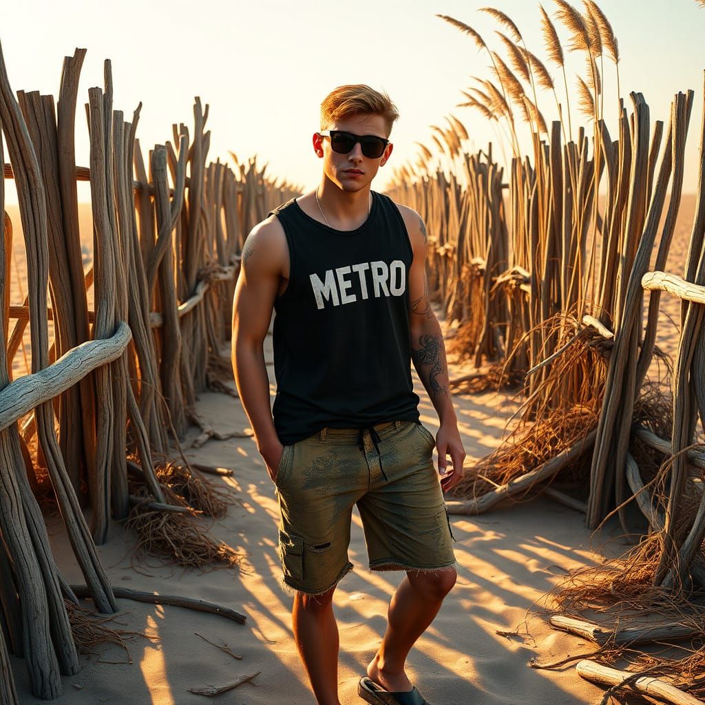 Beachcomber with Faded Beach Attire and Intricate Tattoo