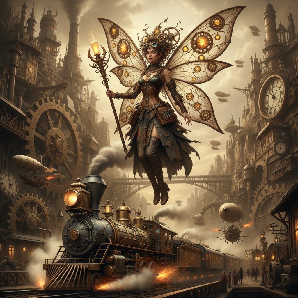 Steampunk Fairy in a Detailed Mechanical World