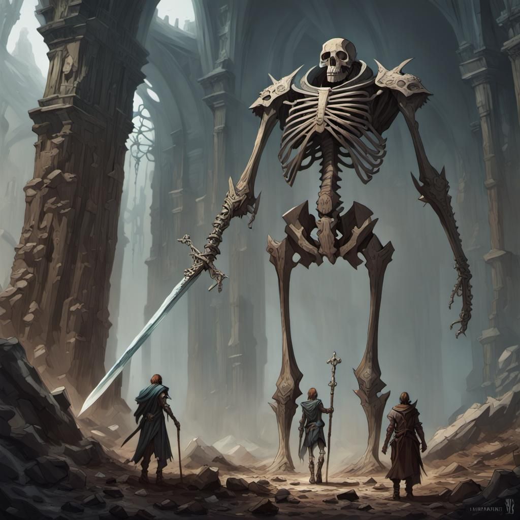 Dark Fantasy Scene: Giant Skeleton and Adventurers
