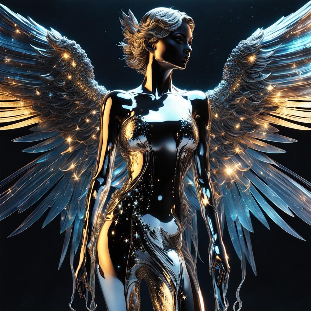 Liquid Chrome Angel in Cosmic Splash Art