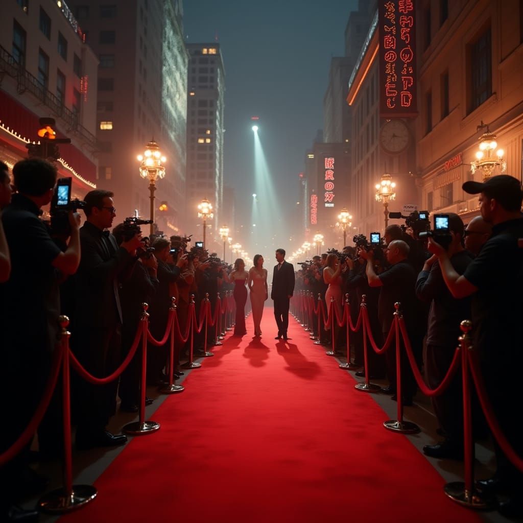 Glamorous Hollywood Premiere Scene with Celebrities and Papa...