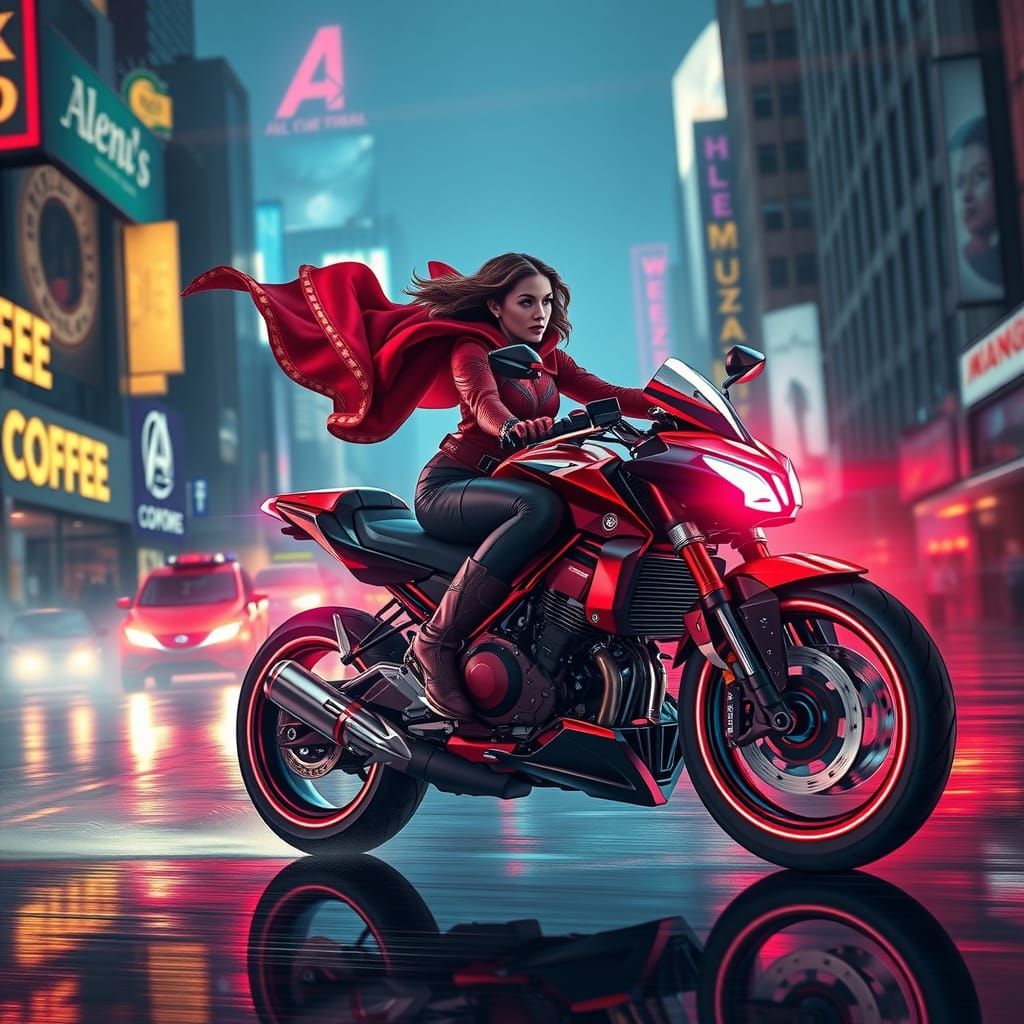 Elizabeth Olsen as Scarlet Witch… casually riding 
Her red c...