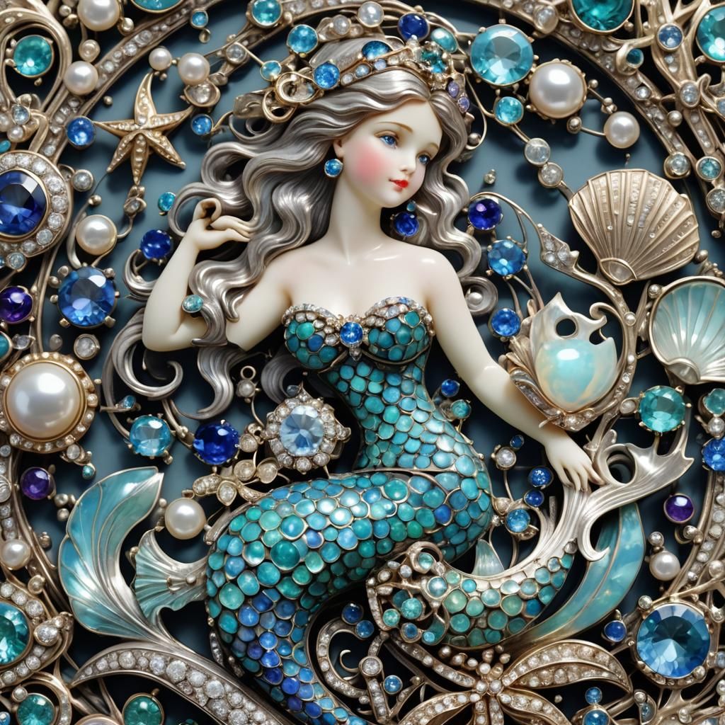 Platinum Mermaid Brooch with Gemstones in 3D