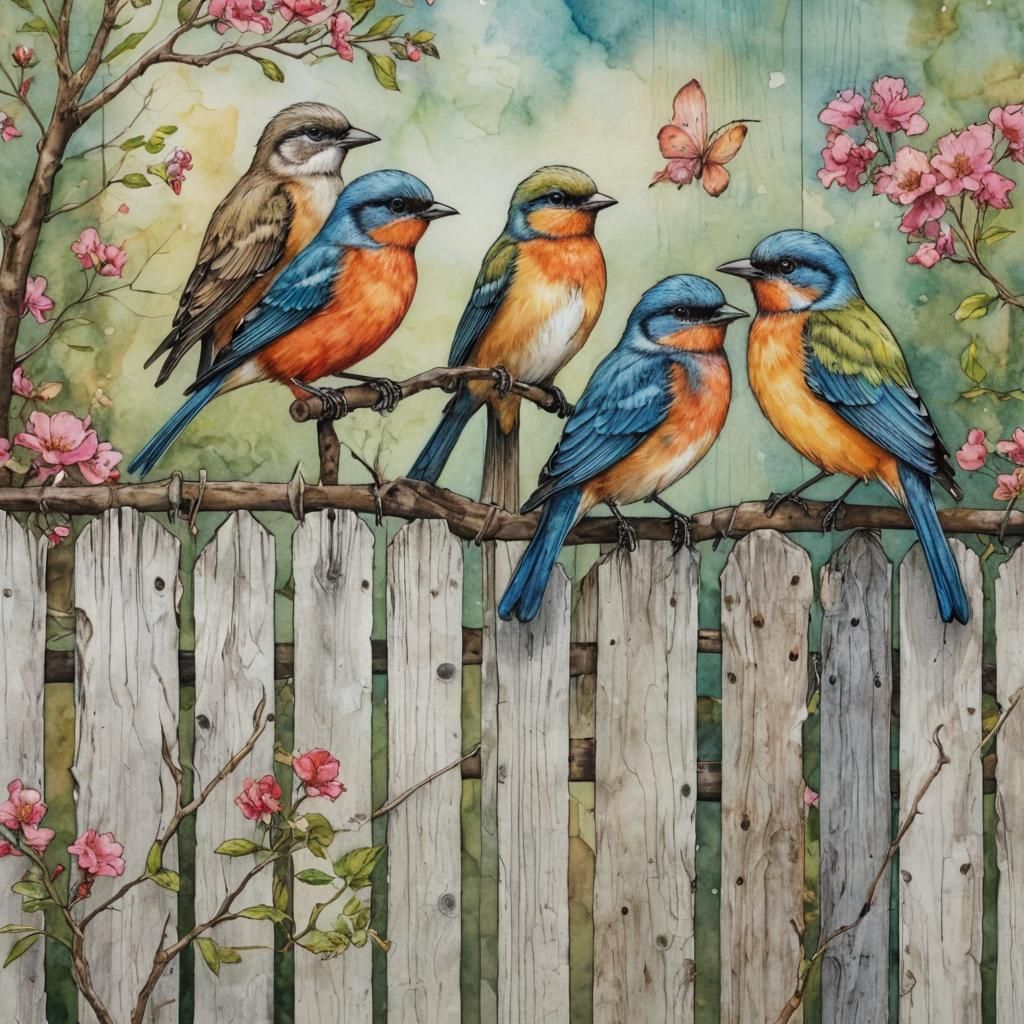 Birds on Fence in Detailed Alcohol Ink Style