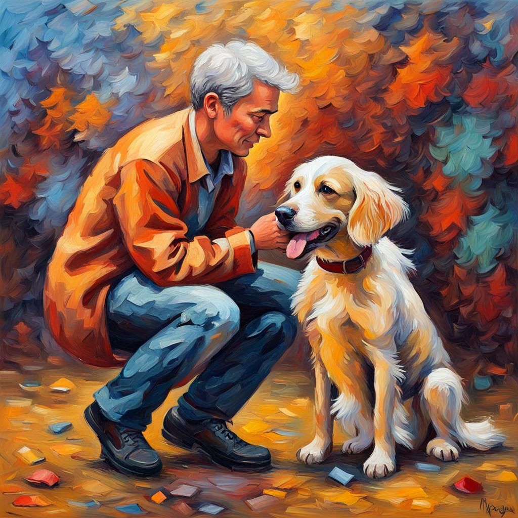 Dog and Owner in Neo-Impressionist Oil Painting