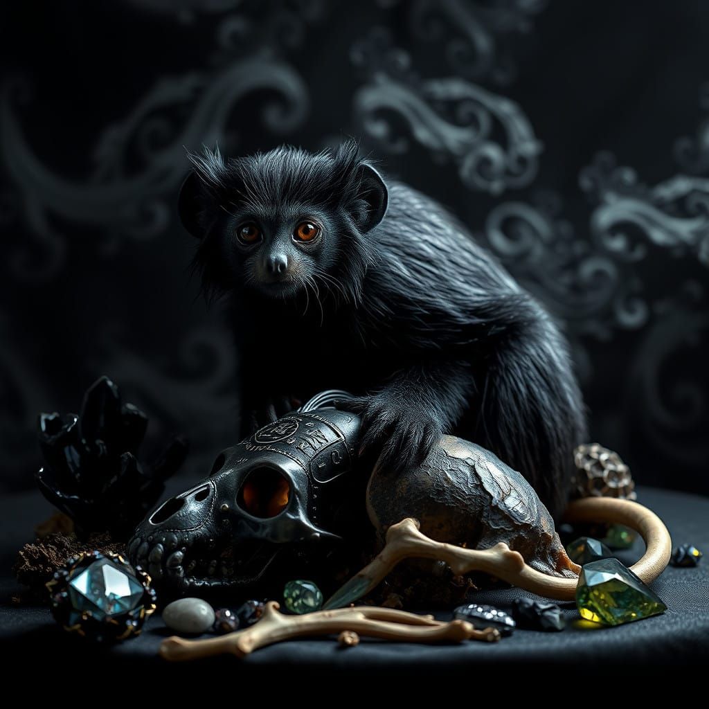 Mysterious Black Marmoset in an Enchanted Realm of Shadows a...