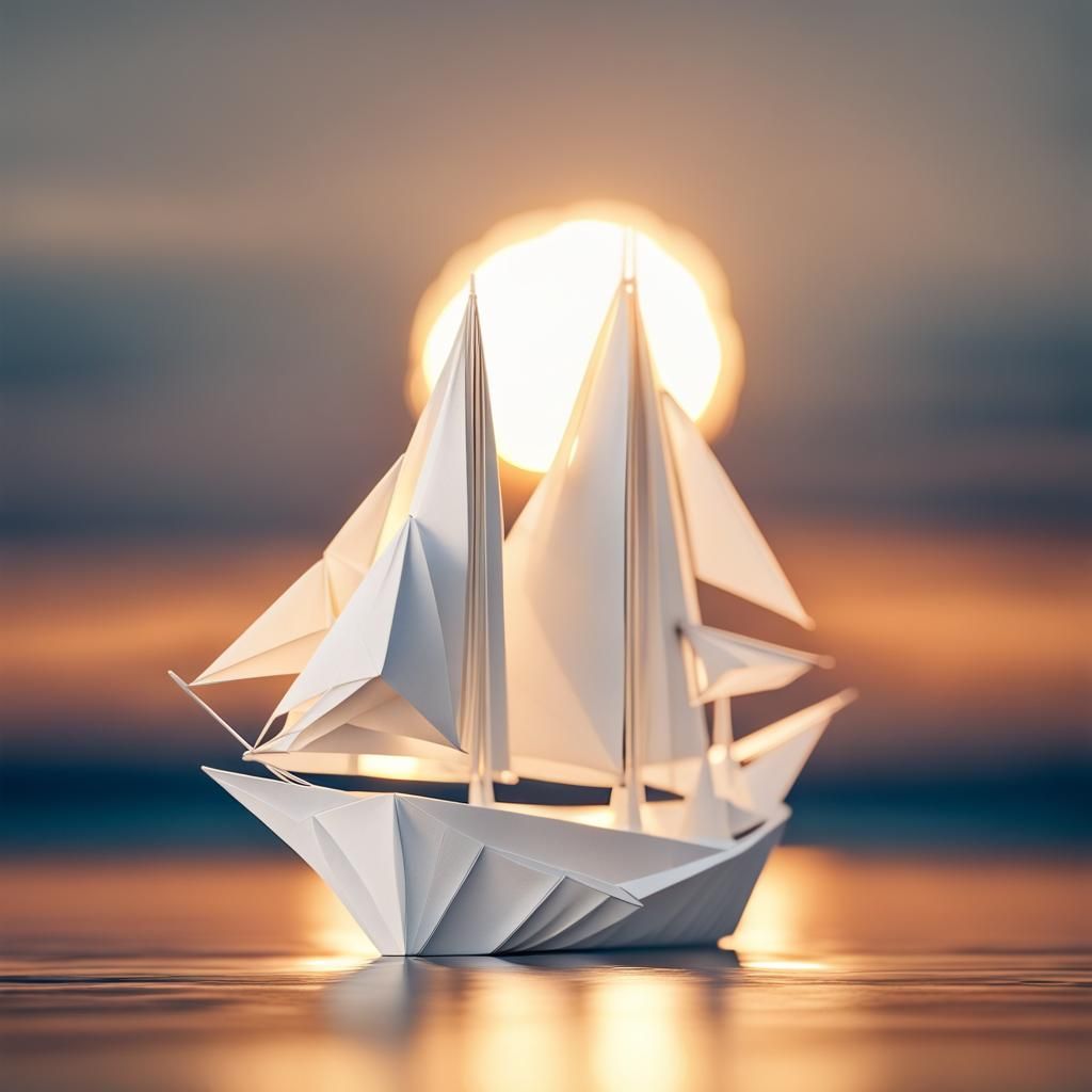 Origami Sailing Ship at Sunset in 8K