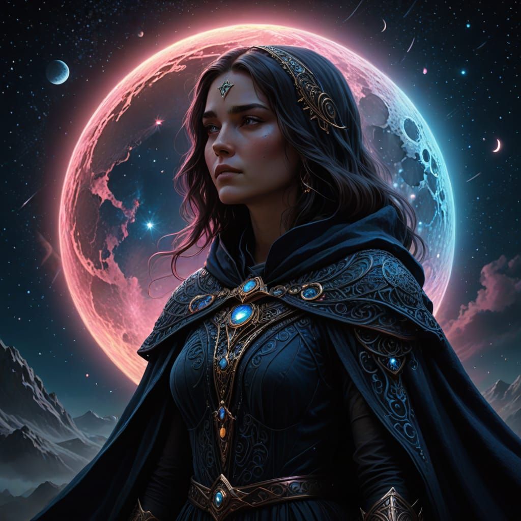 Goddess of the Lunar Abyss in Vibrant, Triadic Hues