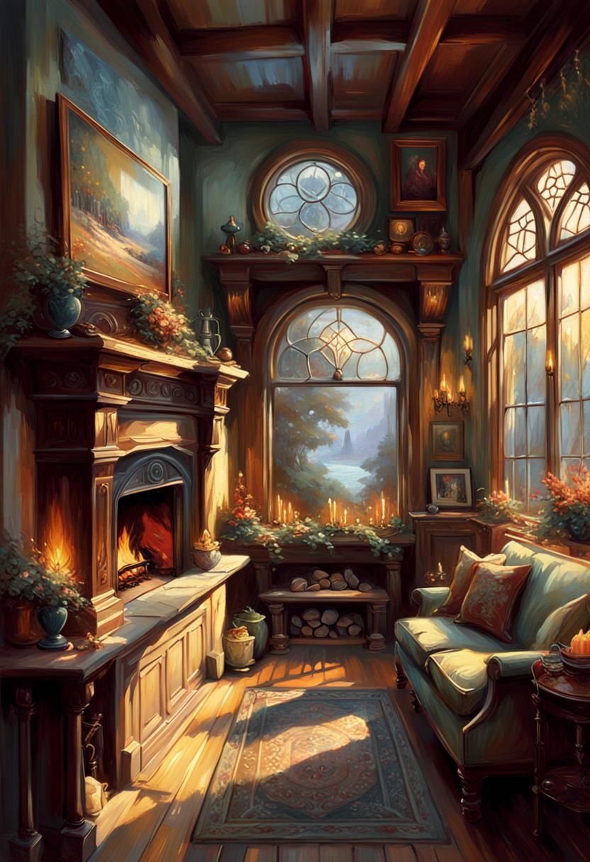 Cozy Cottage Interior: Detailed Oil Painting
