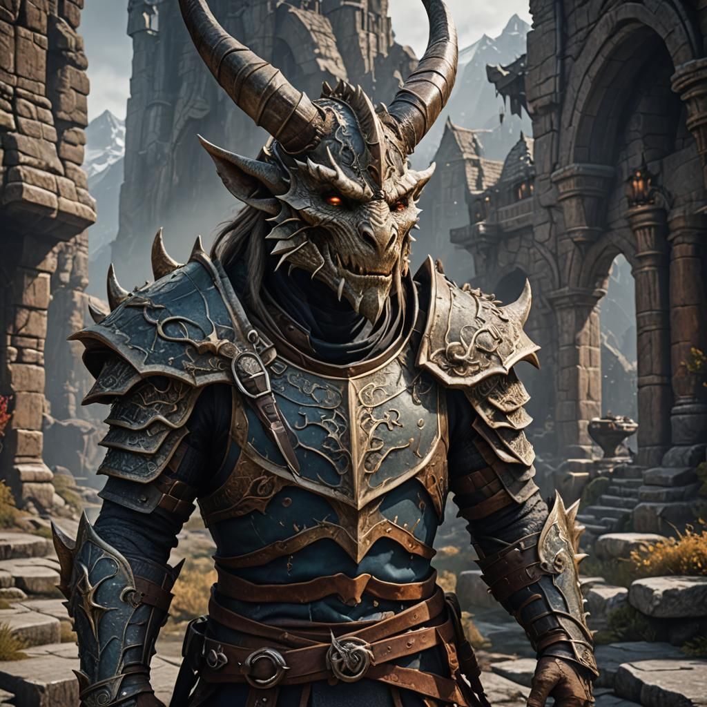 Detailed Dragonborn with Horns in Matte Painting Style