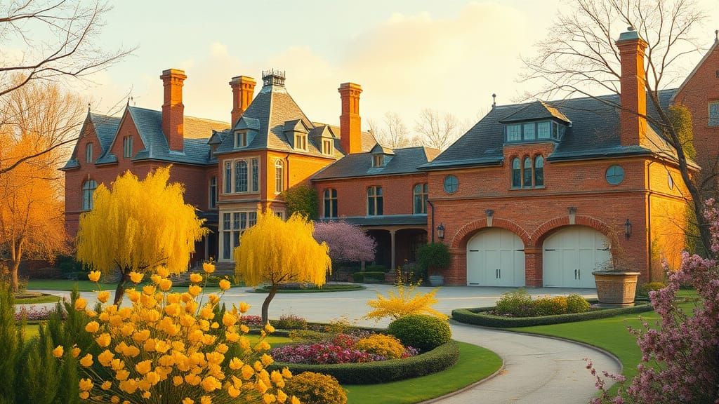 Grand Chateau in Golden Afternoon Light with Painterly Garde...