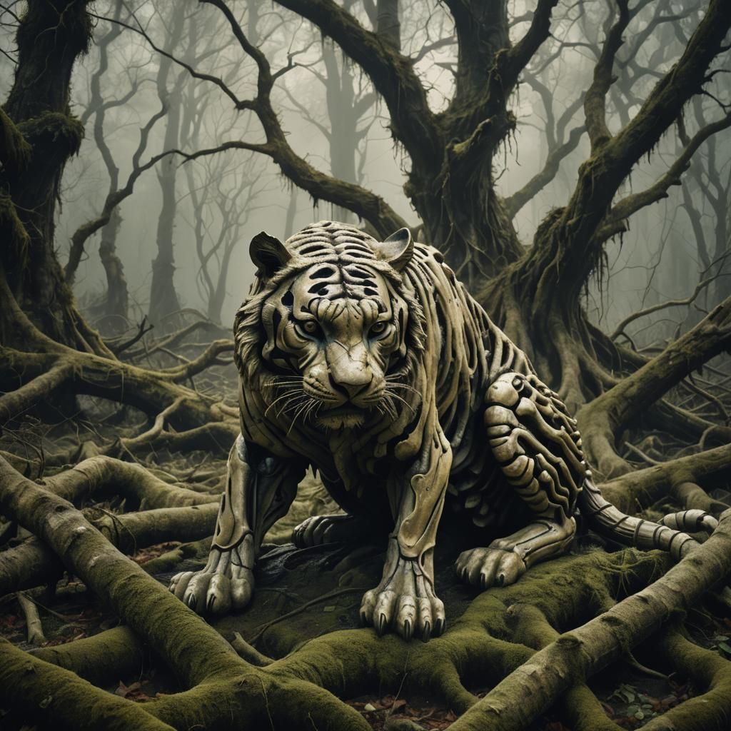 Bone Tiger Statue in Misty Forest: Dark Surrealism