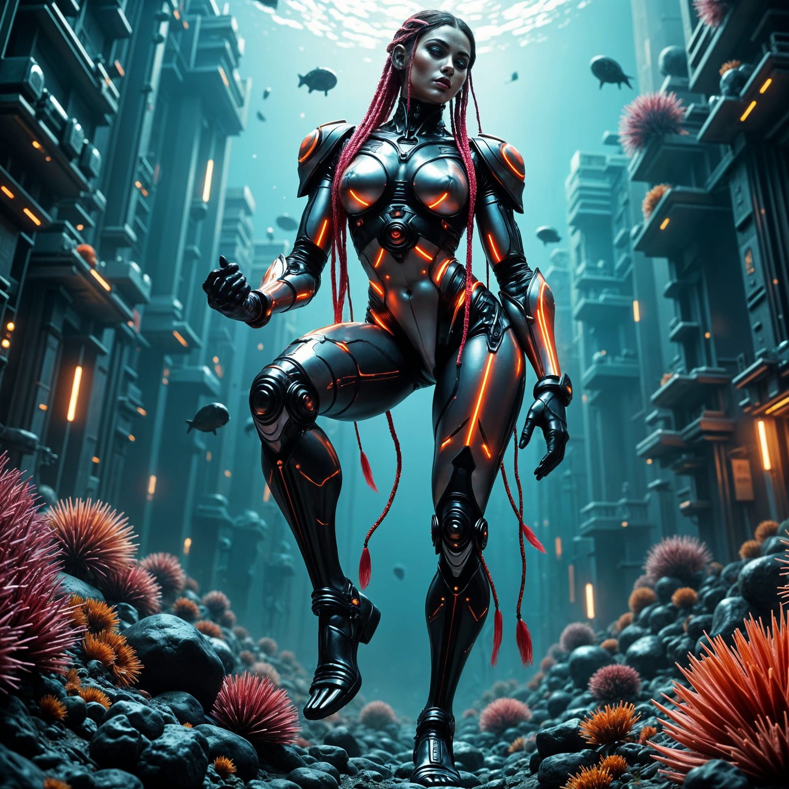 Cyborg Woman at an underwater base