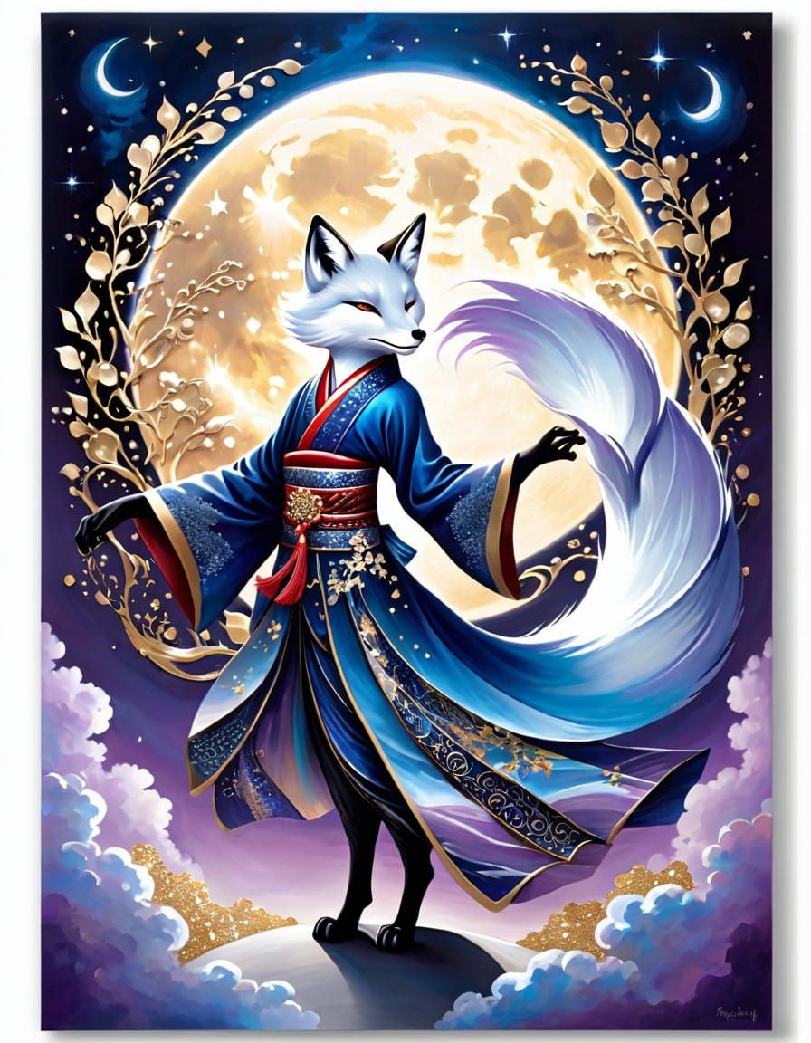 Ethereal Kitsune Fox Dances under Celestial Ballet in Kimono