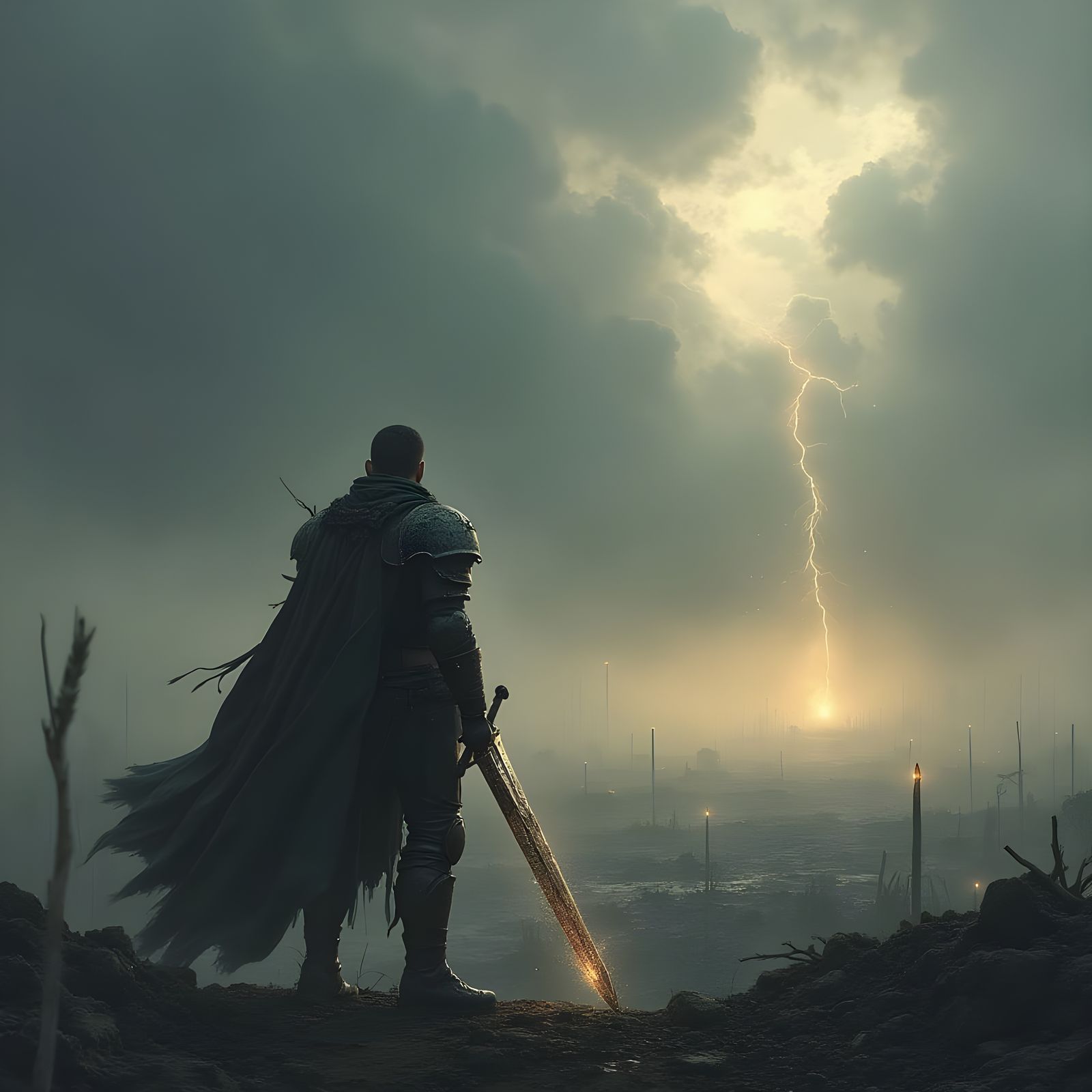 Warrior's Last Stand in Stormy Twilight