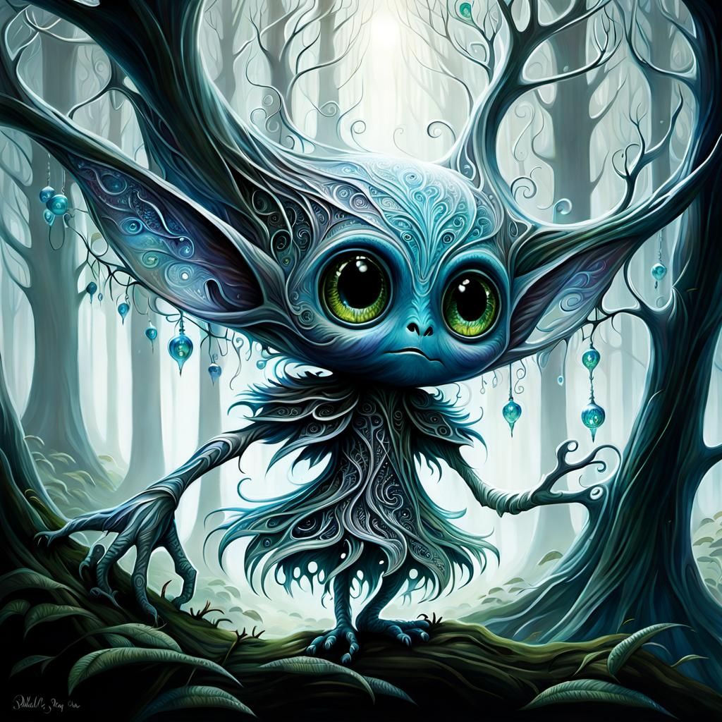 Mystical Forest Painting with Will-o'-the-Wisp