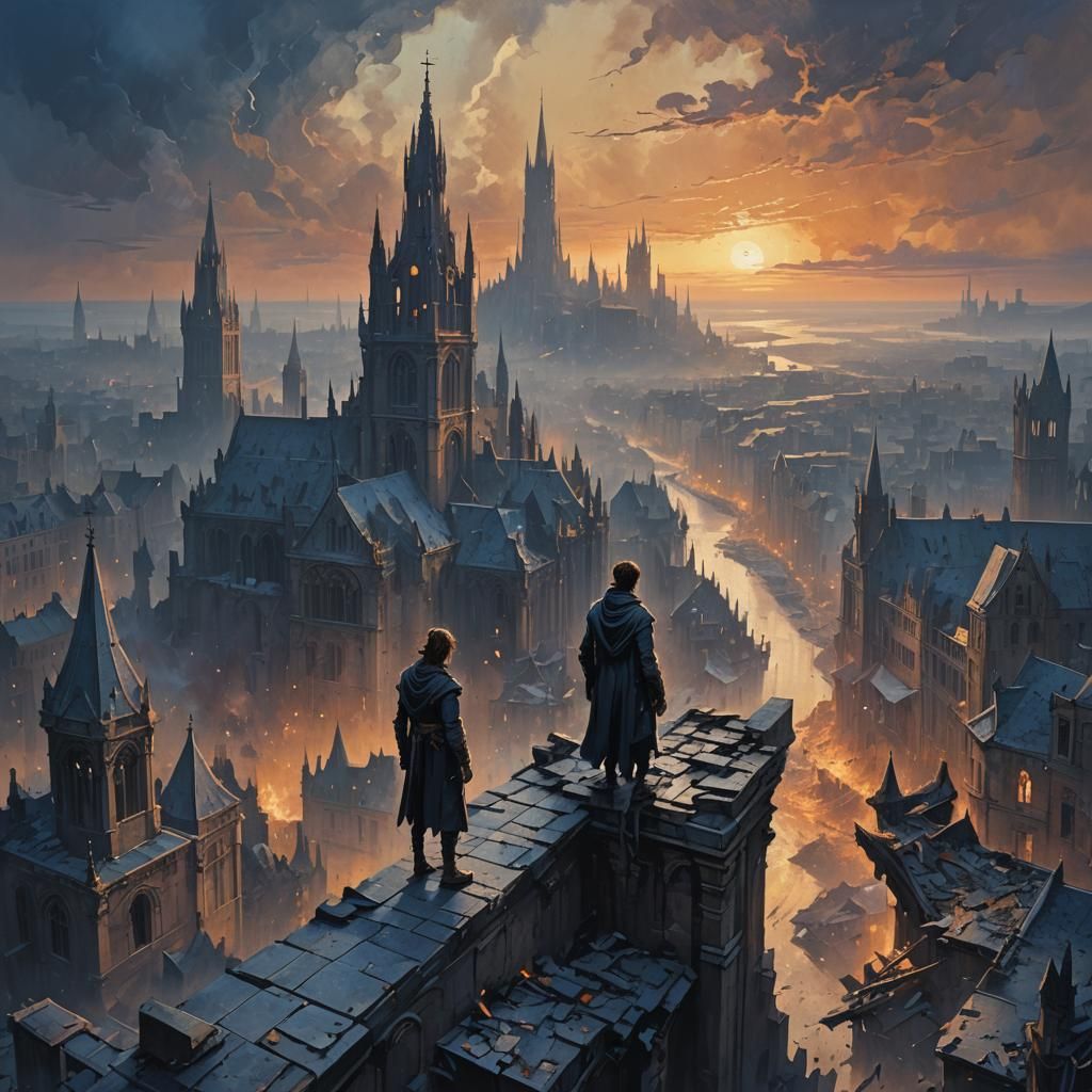 Devastated Cityscape: Anguish and Ruin at Dusk