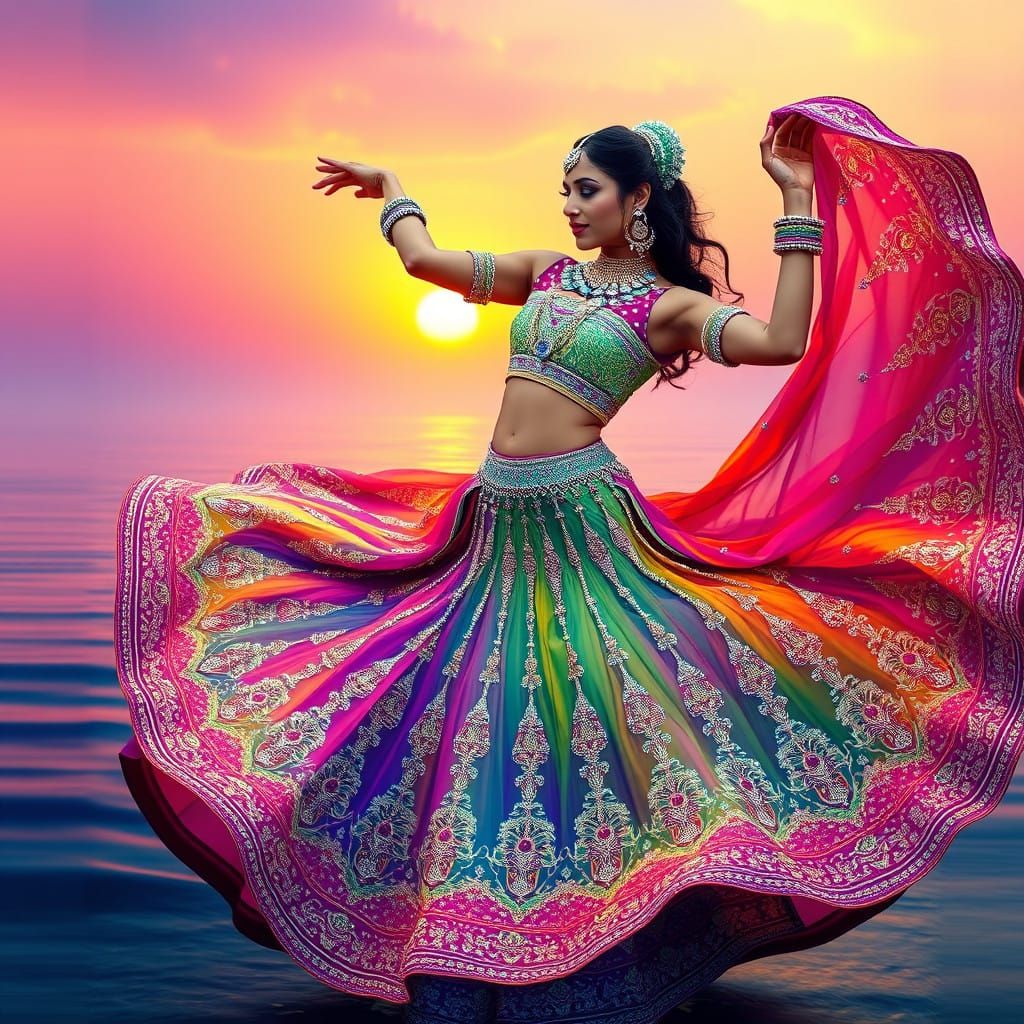 Ethereal Indian Goddess in Vibrant Lehenga, Adorned with Tra...