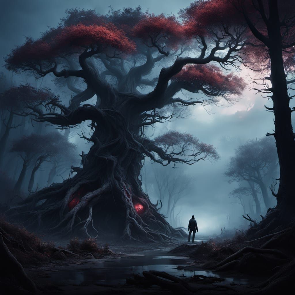 Eerie Sakura in Dark Fantasy Forest