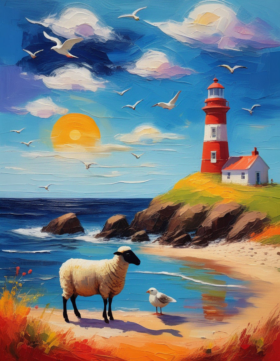 Whimsical Cartoon of Sheep and Seagull on Idyllic Beach