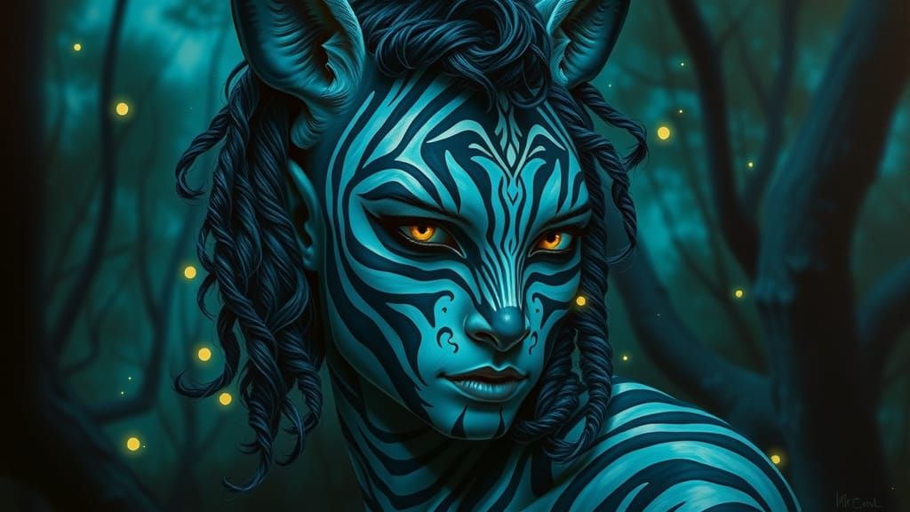 Zebra Elf Portrait in Bioluminescent Forest