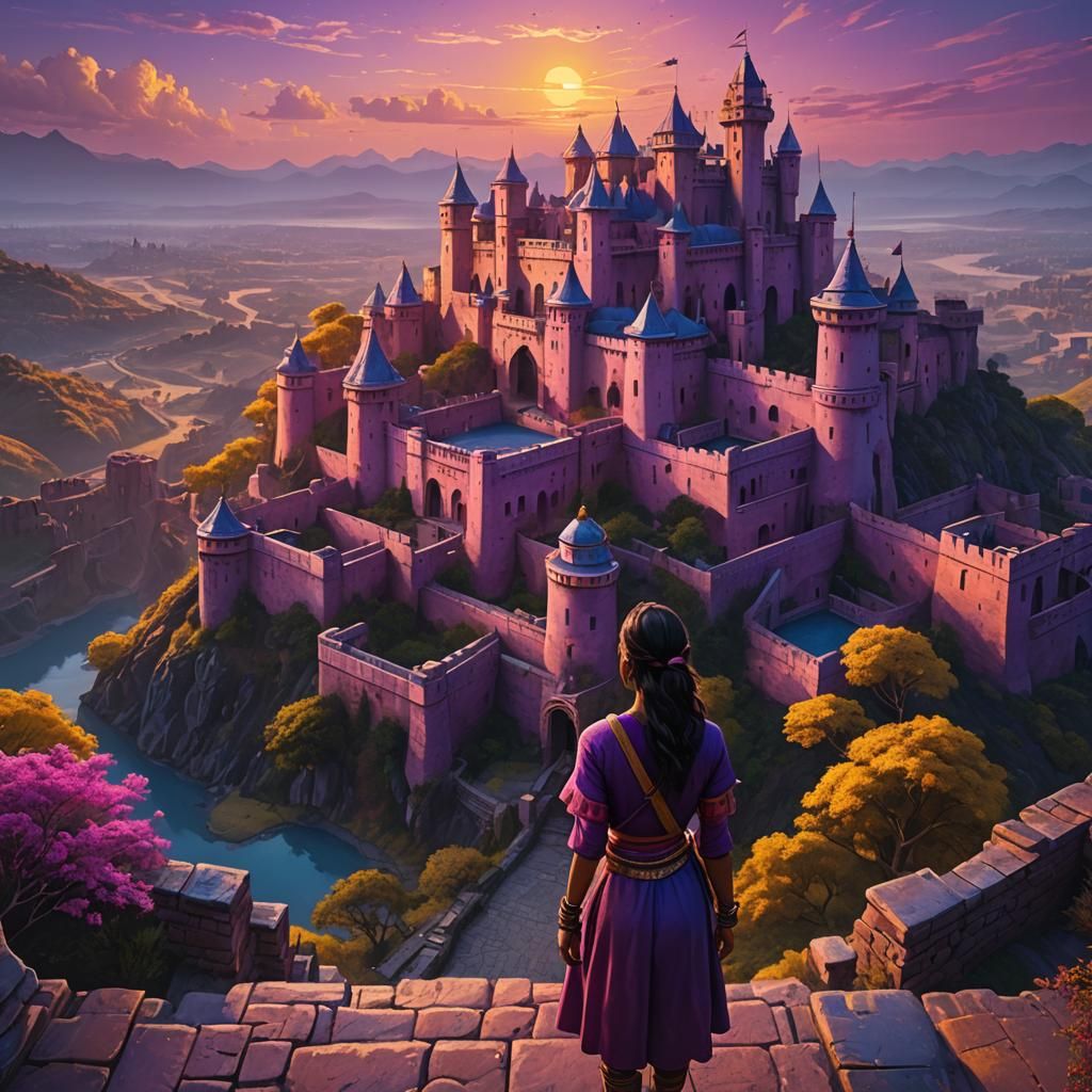 Colorful Sunset with Girl and Indian Castle