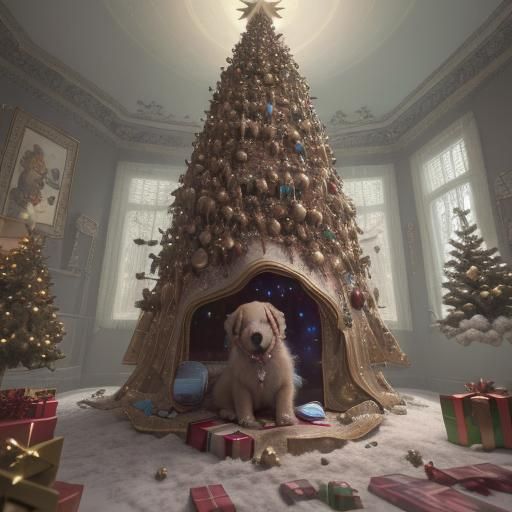 Christmas Tree with Puppy Decorations in Mixed Media