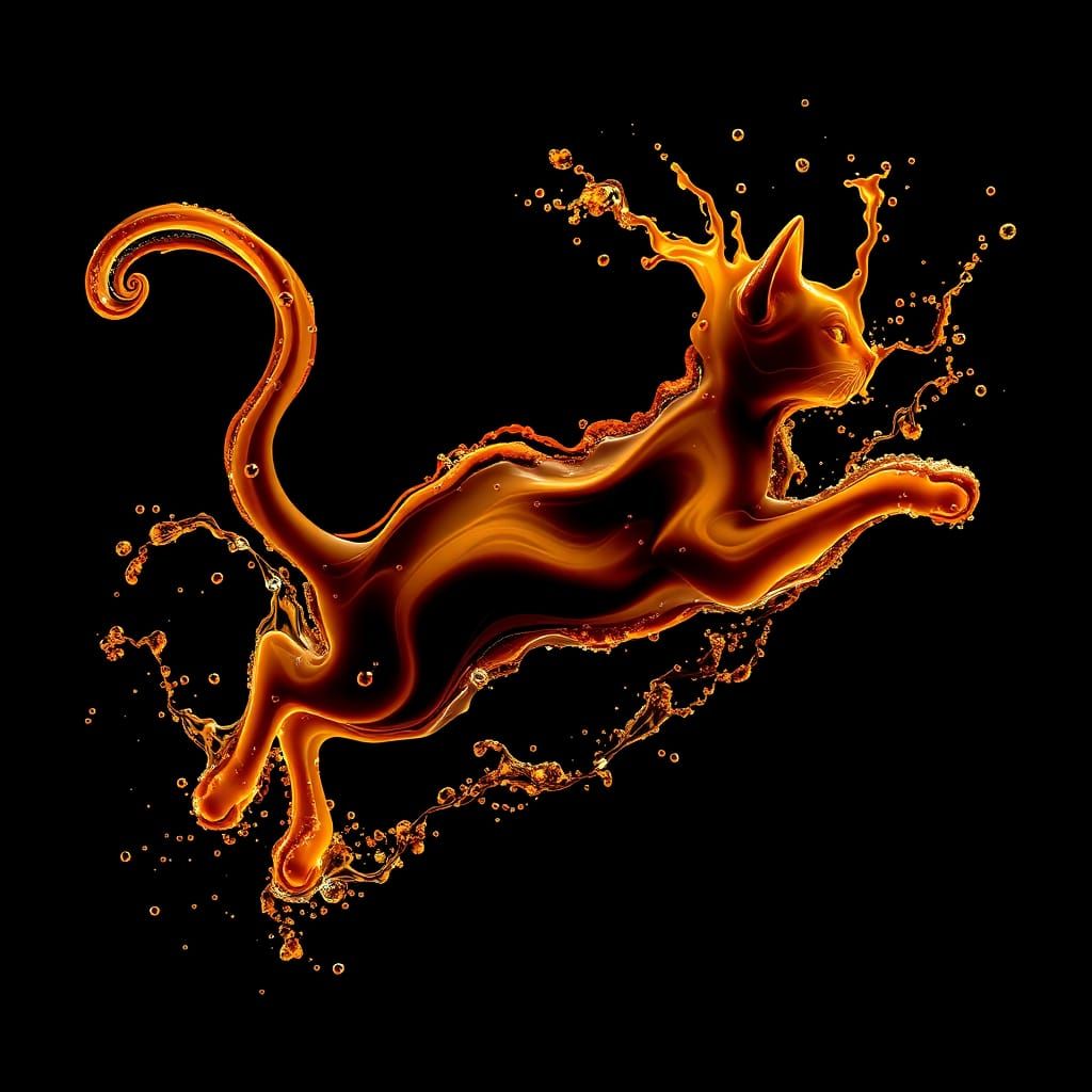 Coffee Cat Splash Art with Golden Glow
