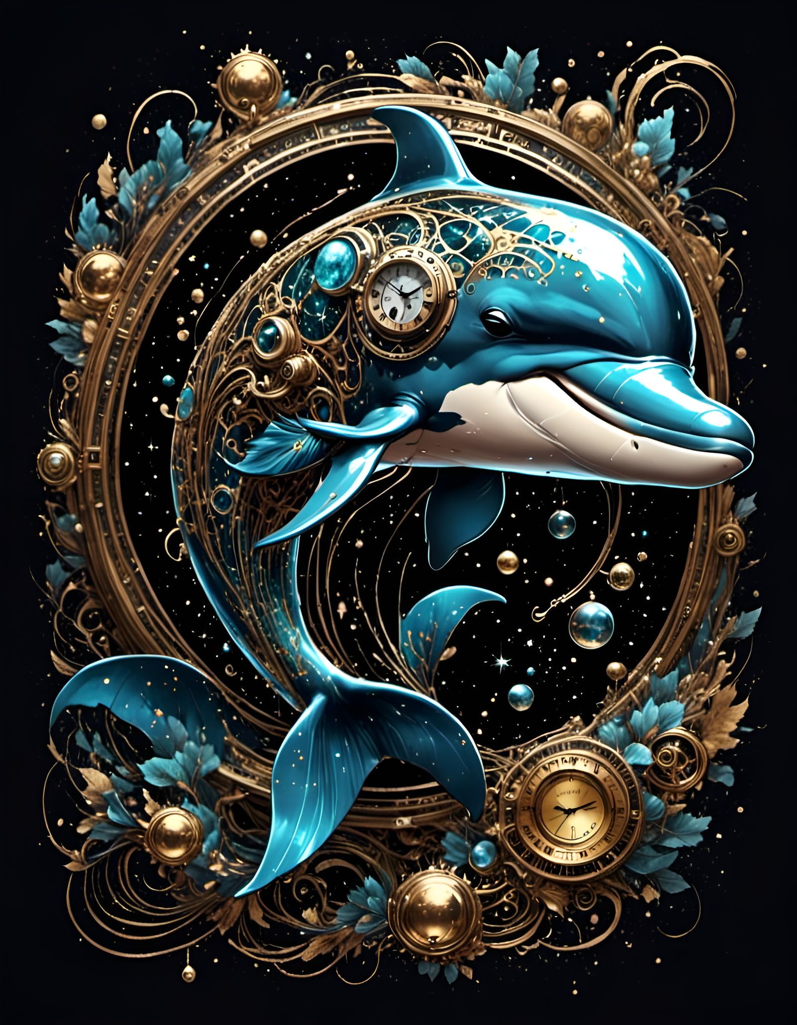 Steampunk Dolphin Portrait in Linework Art