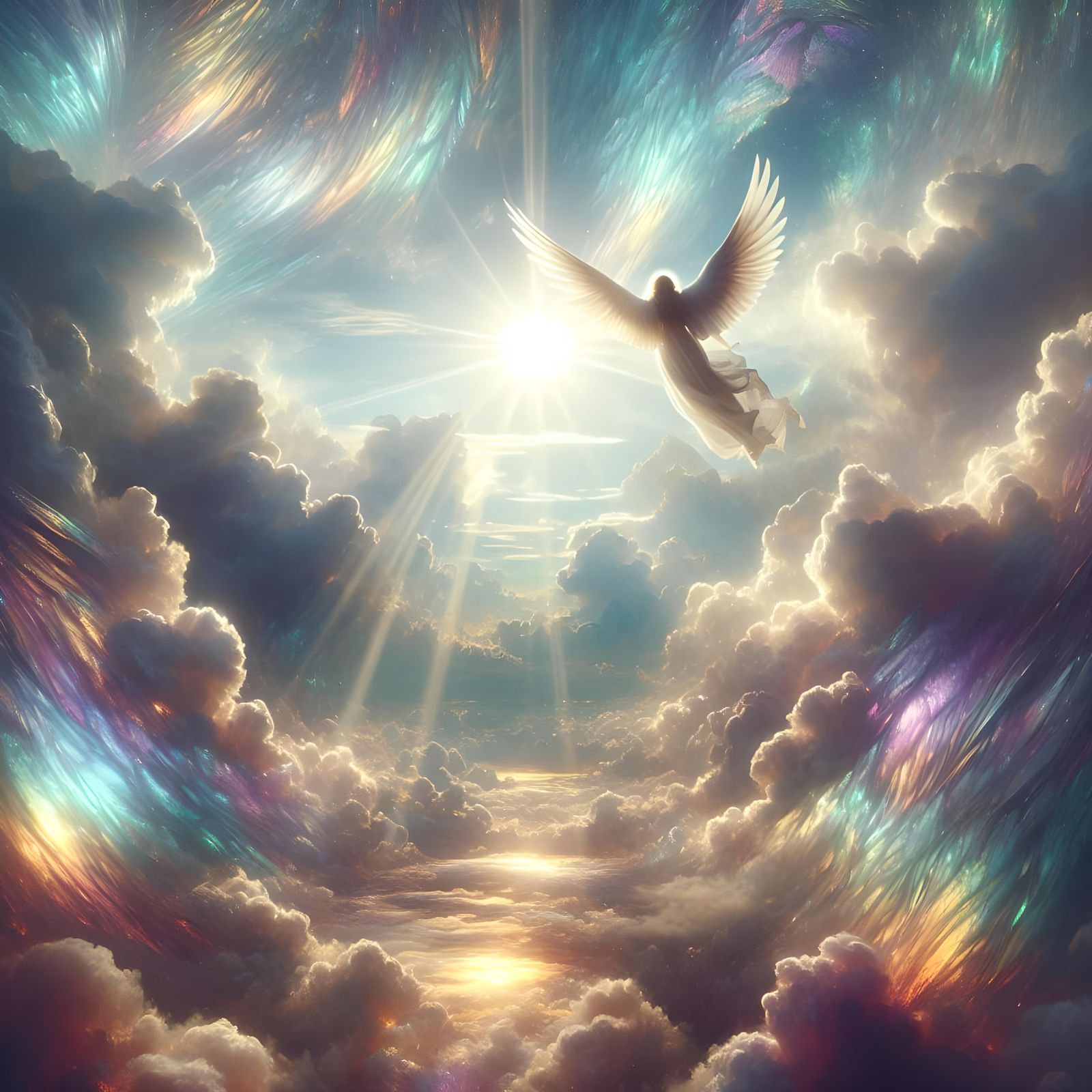 Angel Soaring Through Radiant Celestial Sunbeams