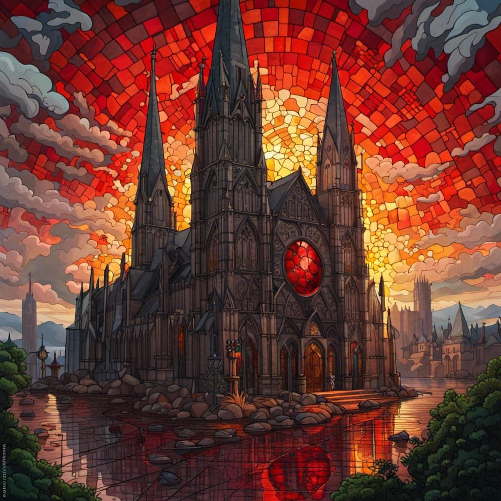 Cathedral with Stained Glass Knights in Fantasy Landscape