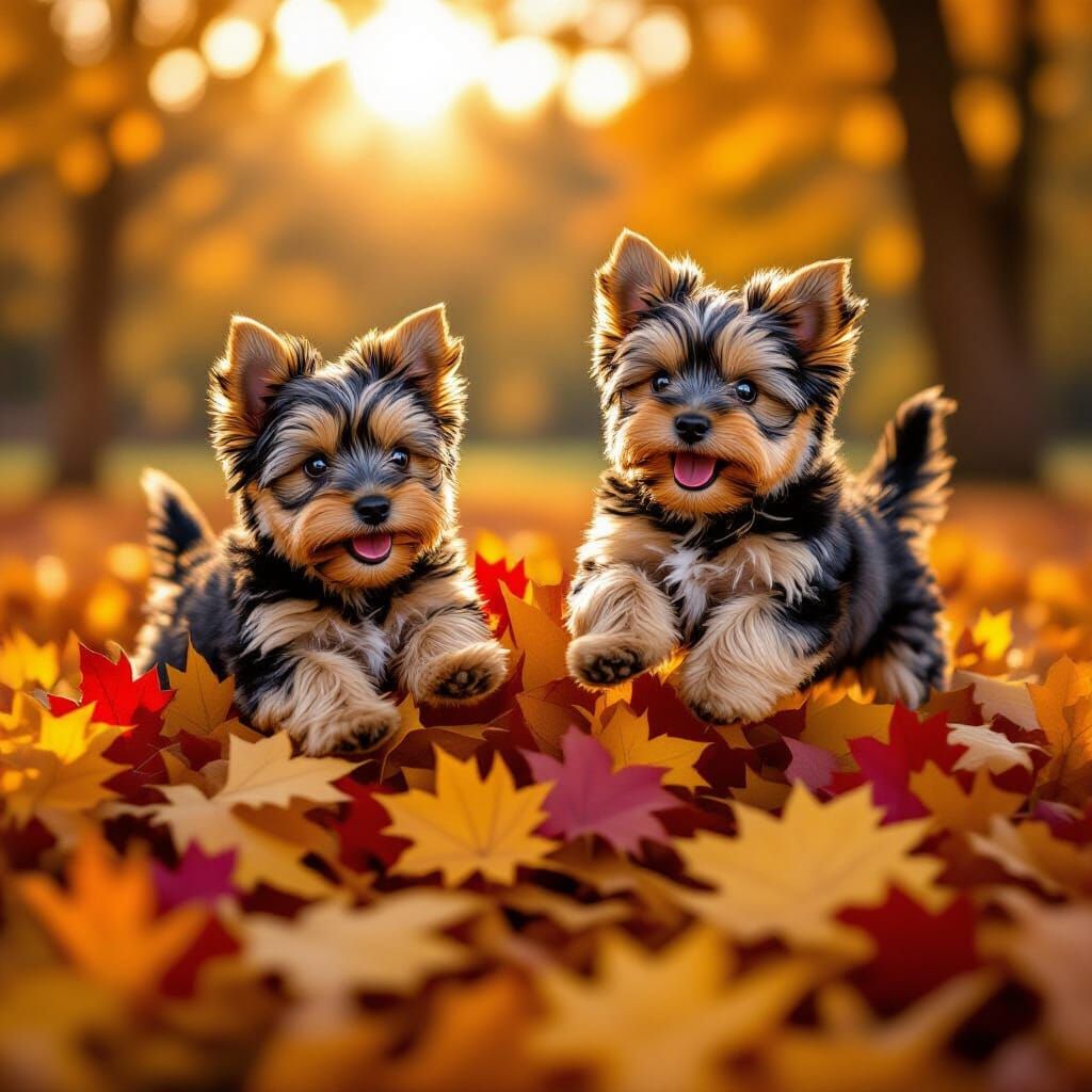 Happy Yorkshire Terriers in Autumn Leaves