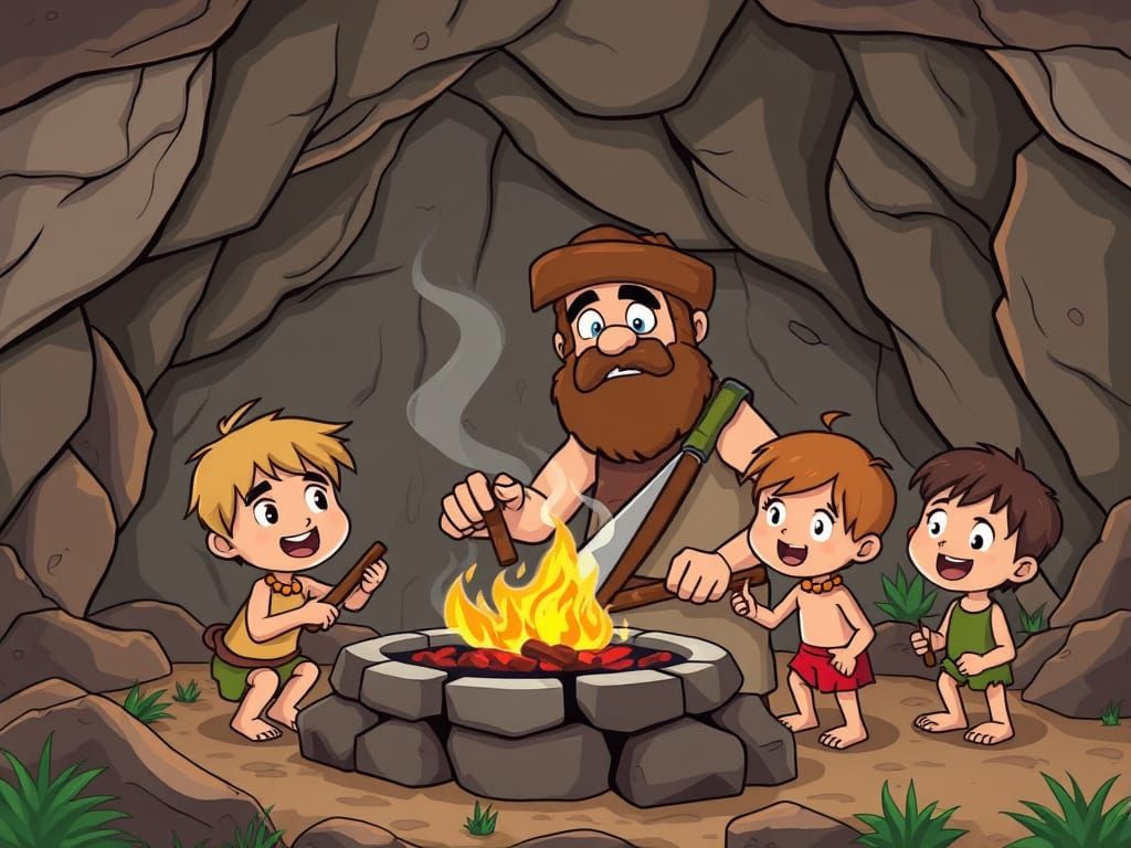 Cartoon Caveman Dad BBQ Scene