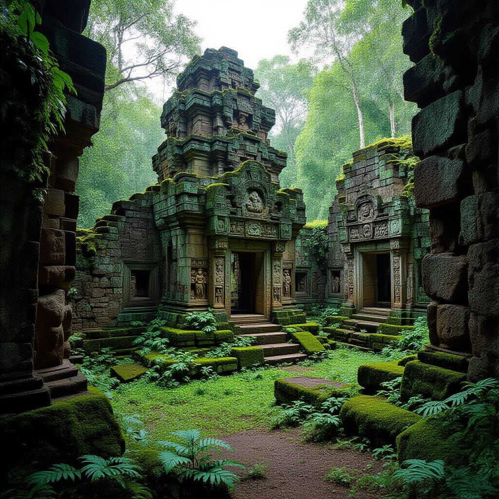 Aztec Temple Ruins in Overgrown Macro Detail