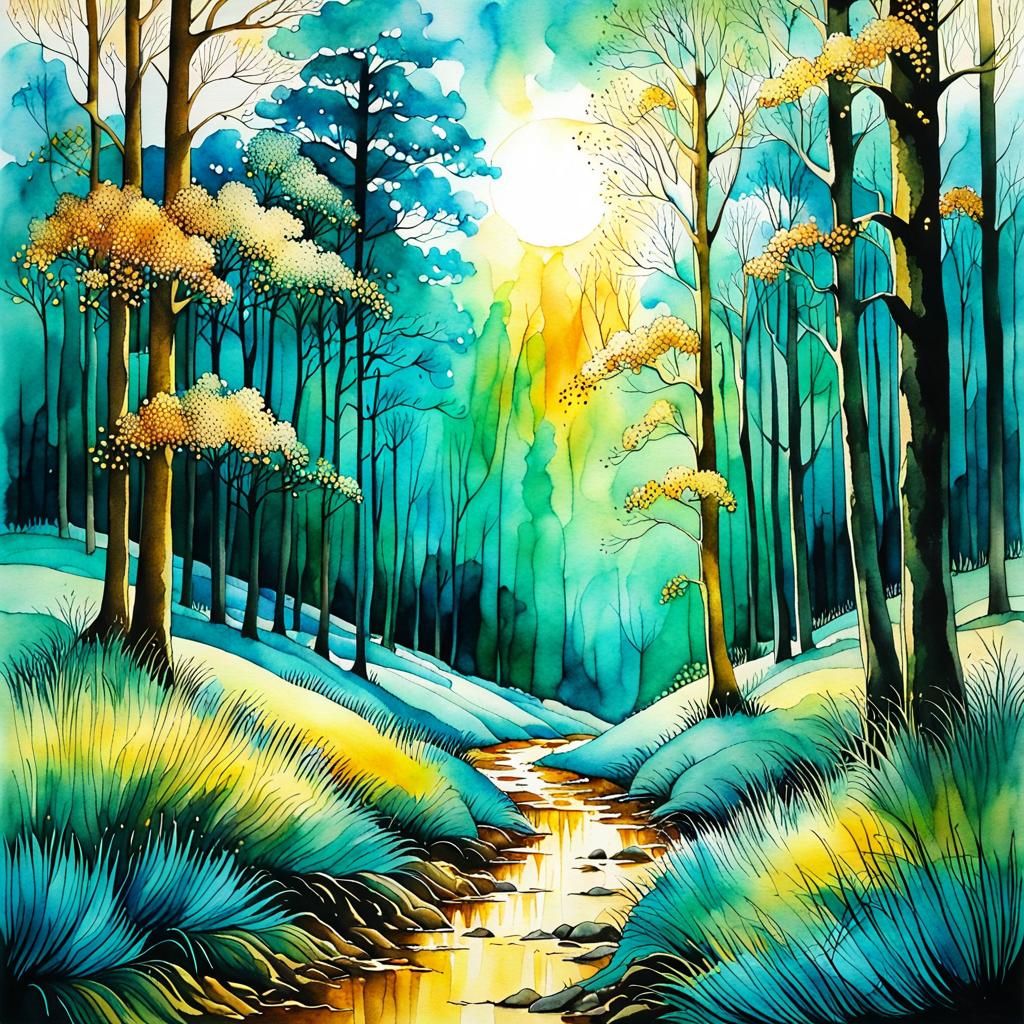 Spring Forest Glen in Teal and Gold Watercolor